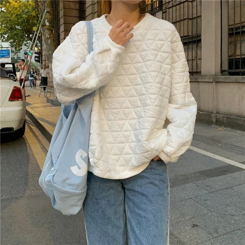 Yellow Winter Clothing - 루즈핏 스웨트셔츠 여성 겨울 화이트 캐주얼