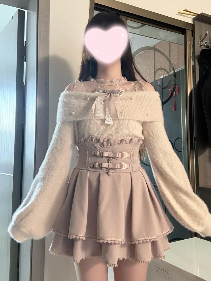 일본식 달콤한 로리타 오프 숄더 스웨터 + 핑크 하이  - Clothing Style Winter 리뷰 및 가격