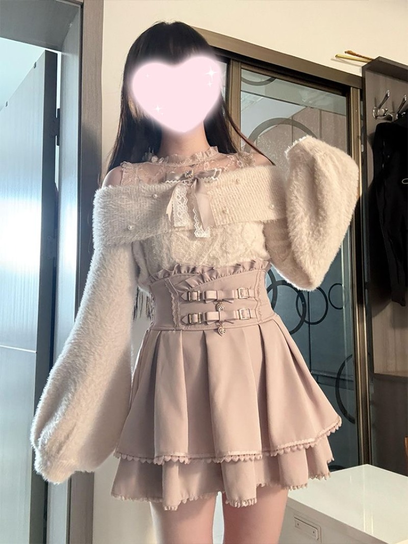 일본식 달콤한 로리타 오프 숄더 스웨터 + 핑크 하이  - Clothing Style Winter 리뷰 및 가격